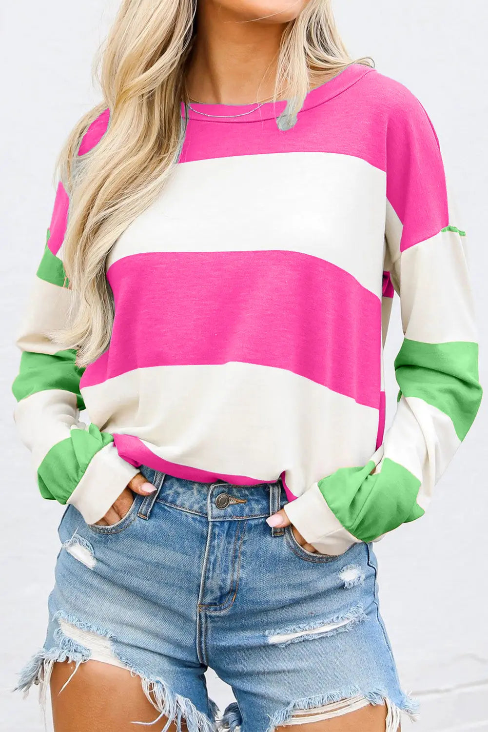 Rose Red Colorblock Striped Drop Shoulder Long Sleeve Top Dear-Lover Dropshipping