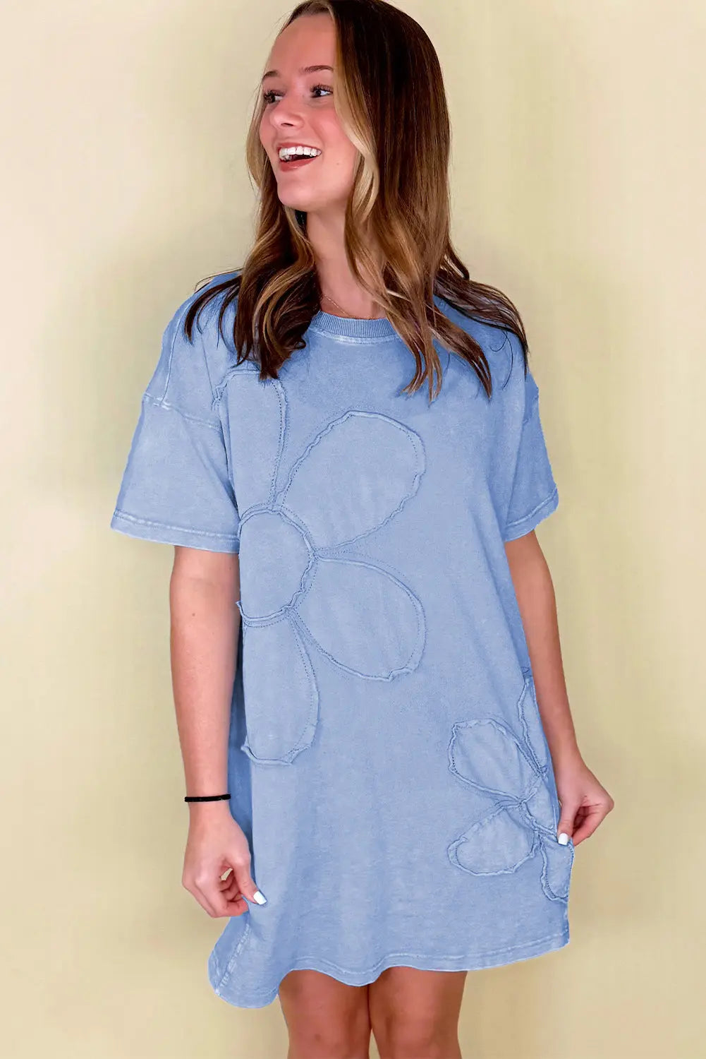 Sky Blue Mineral Wash Flower Patchwork Mini T Shirt Dress Markonline