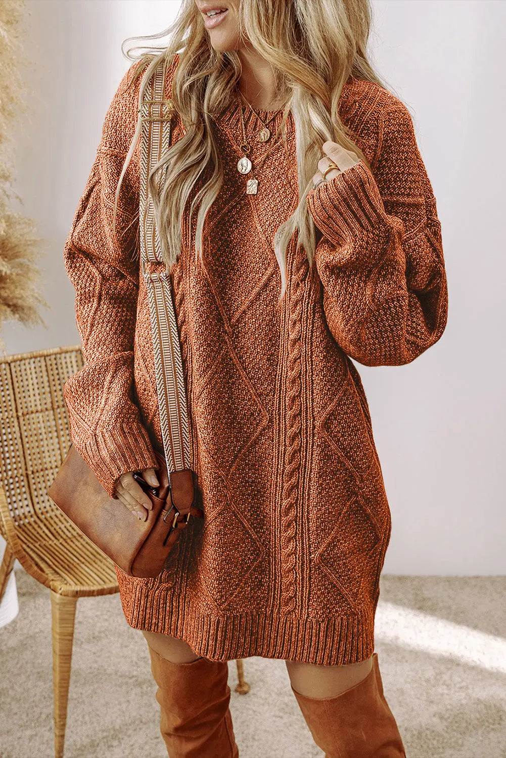 Coffee Cable Knit Drop Shoulder Loose Fit Sweater Dress Dear-Lover Dropshipping