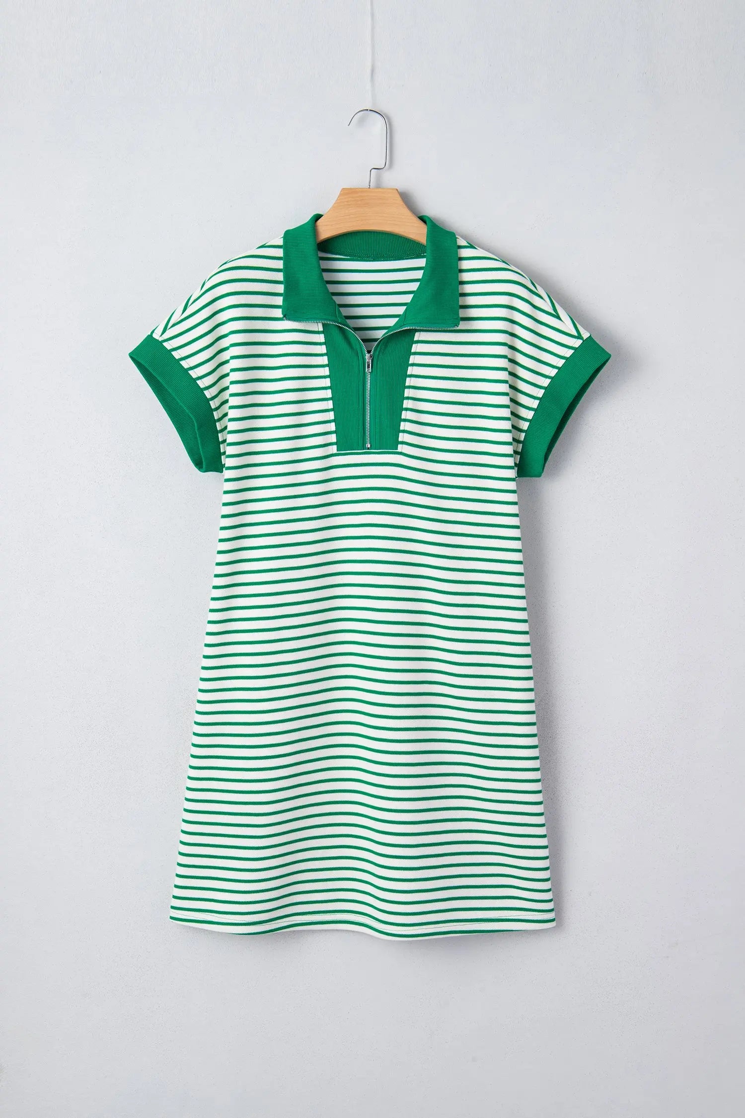 Green Stripe Quarter Zip Polo Collar T Shirt Dress with Pockets Markonline