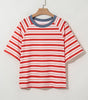 Tomato Red Stripe Print Contrast Collar Raglan Sleeve T Shirt Markonline