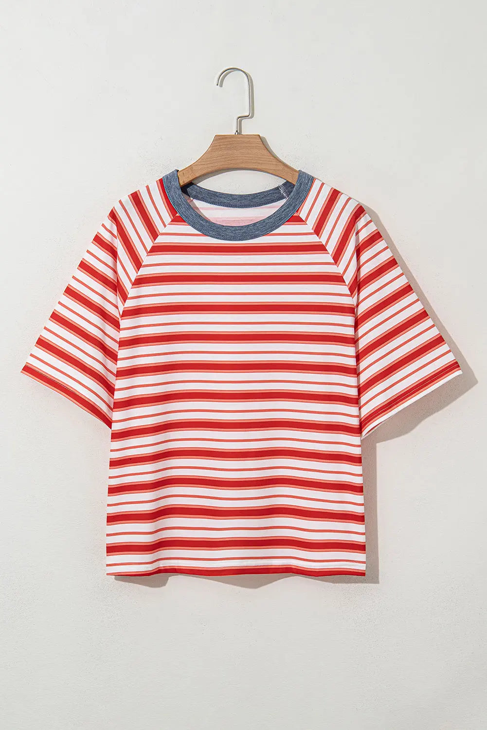 Tomato Red Stripe Print Contrast Collar Raglan Sleeve T Shirt Markonline