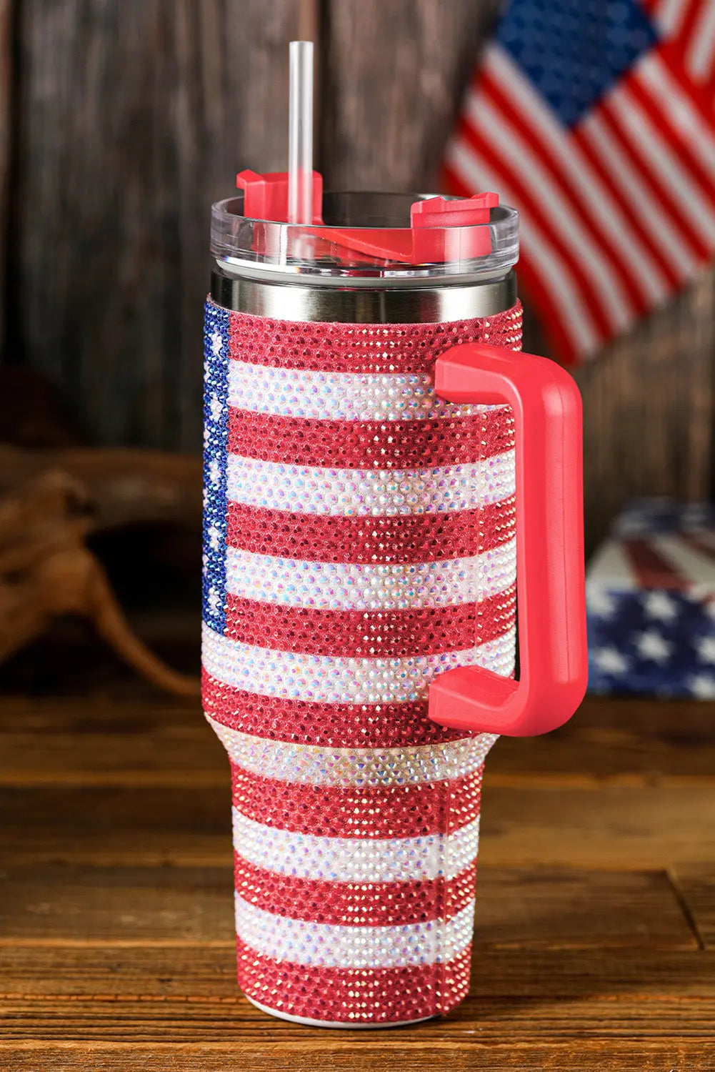Red Rhinestone American Flag Print Handled 40oz Thermos Tumbler Dear-Lover Dropshipping