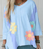 Light Blue Flower Patched Exposed Seam Bracelet Sleeve Oversized T Shirt Dear-Lover Dropshipping