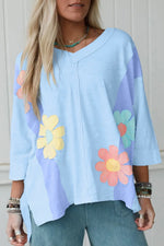Light Blue Flower Patched Exposed Seam Bracelet Sleeve Oversized T Shirt Dear-Lover Dropshipping