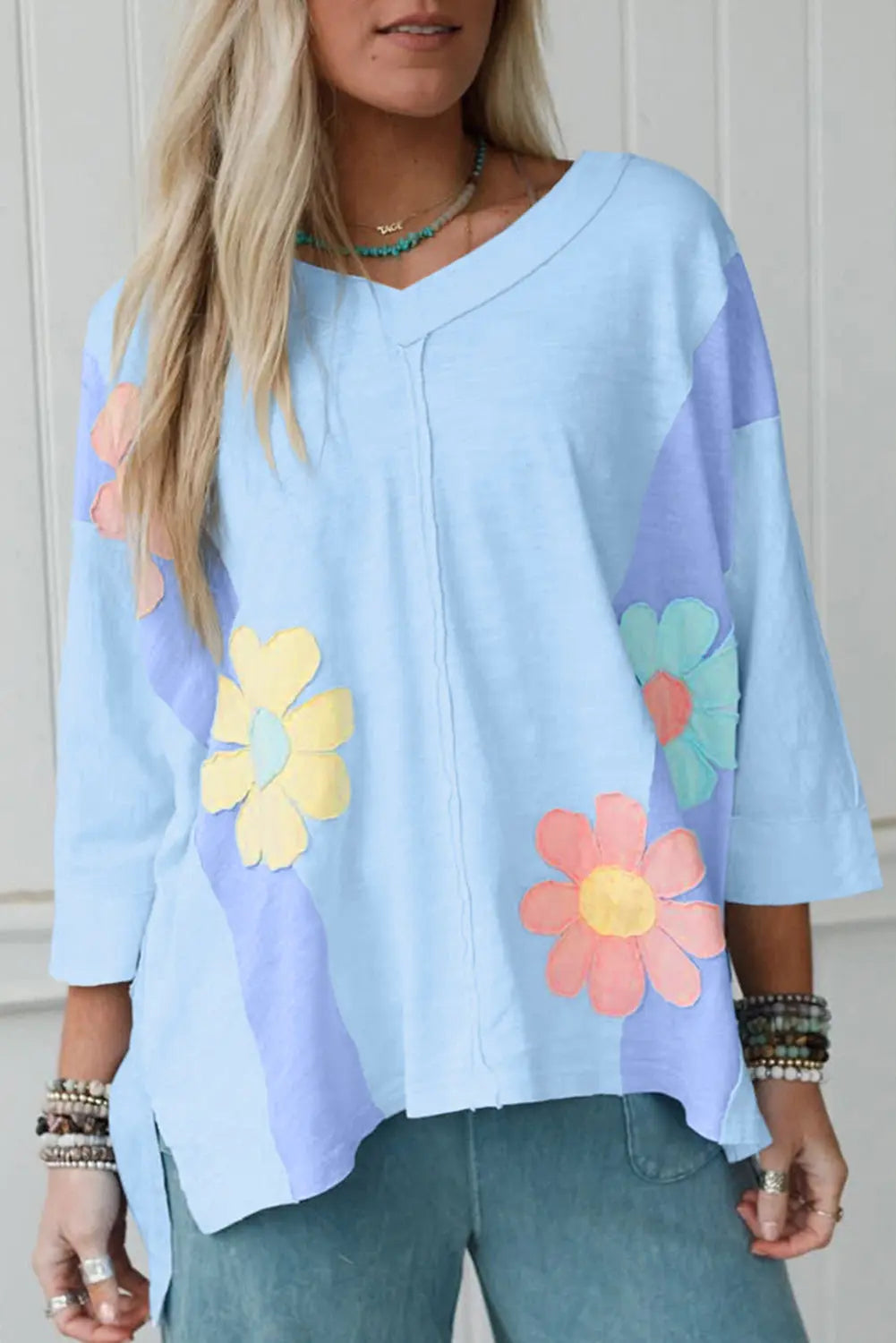 Light Blue Flower Patched Exposed Seam Bracelet Sleeve Oversized T Shirt Dear-Lover Dropshipping