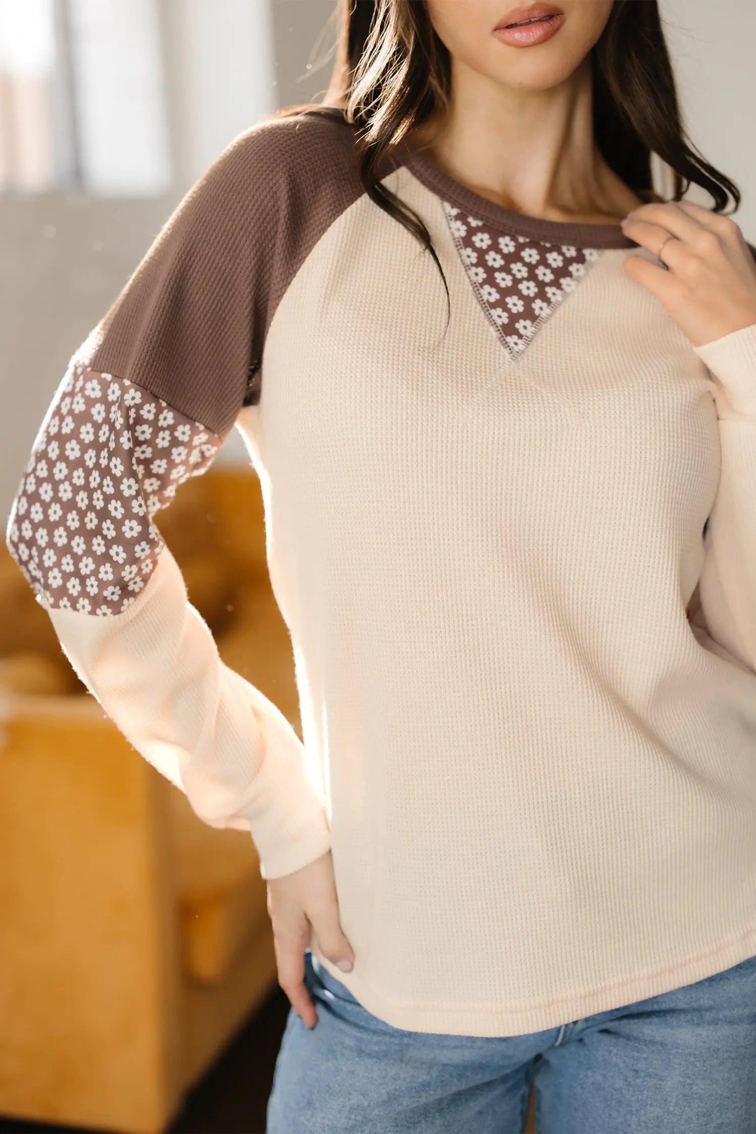 Brown Floral Print Patchwork Color Block Long Sleeve Top Markonline