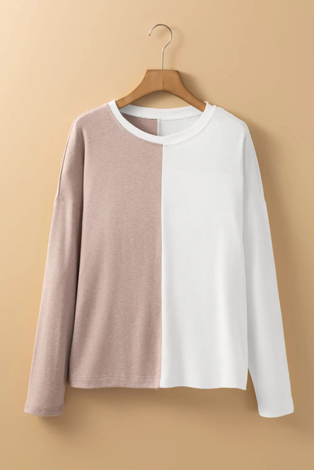 Khaki Colorblock Long Sleeve Crew Neck Top Dear-Lover Dropshipping