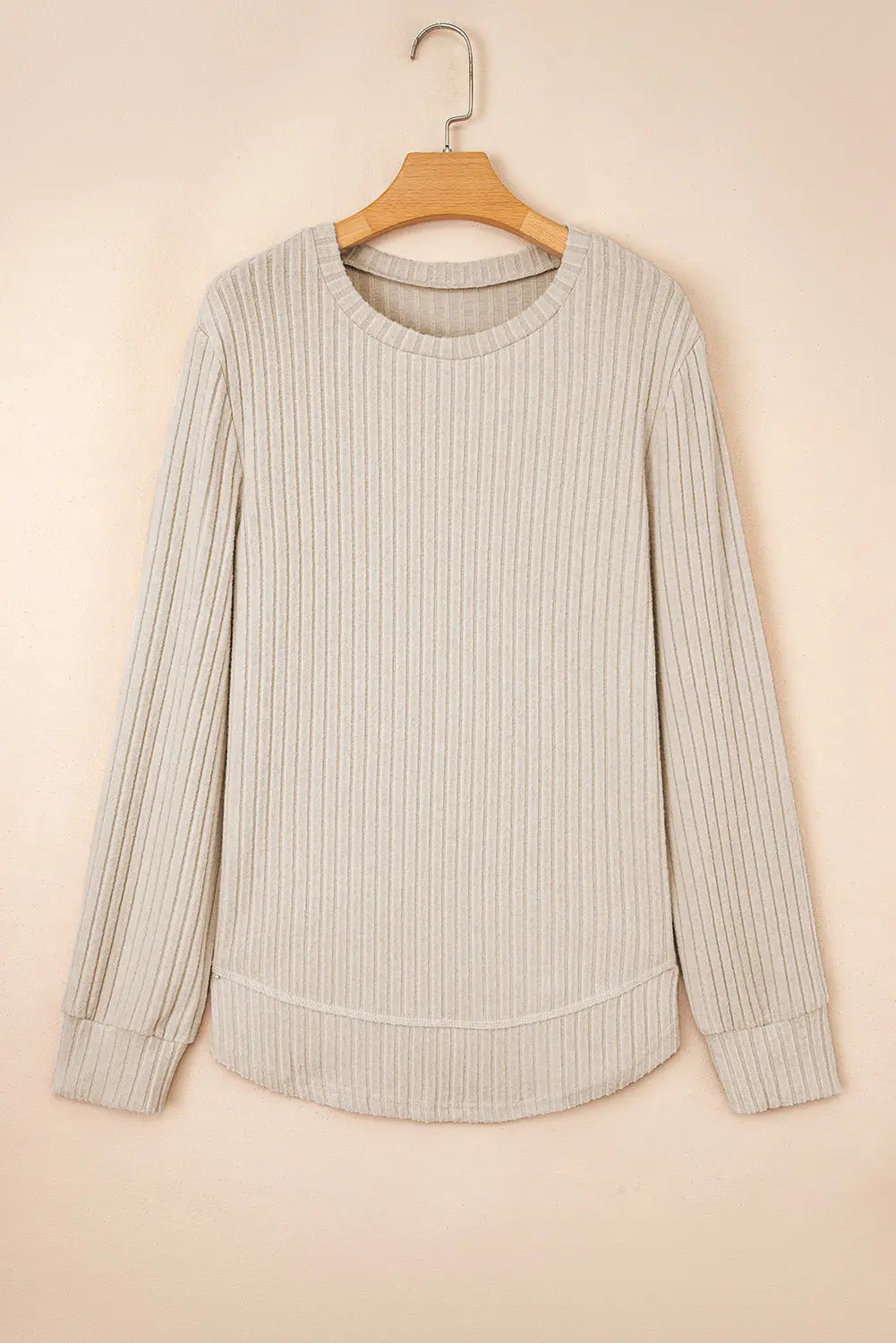 Jet Stream Ribbed Texture Round Neck Long Sleeve Rounded Hem Knit Top Markonline