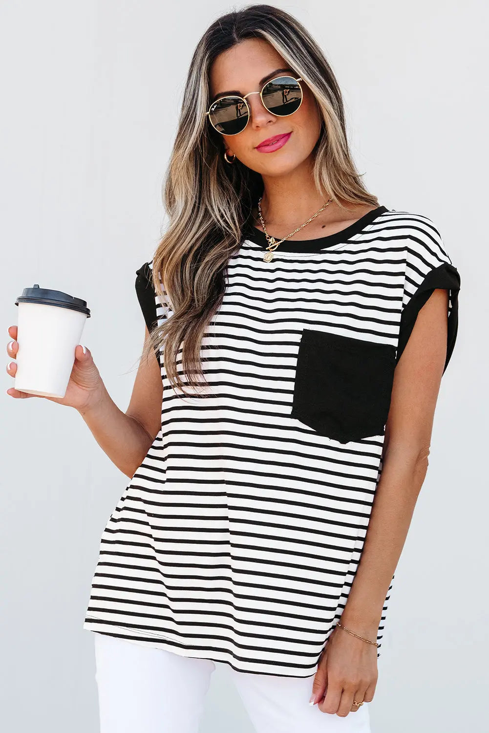 Black Stripe Chest Pocket Patch Round Neck Tank Top Dear-Lover Dropshipping