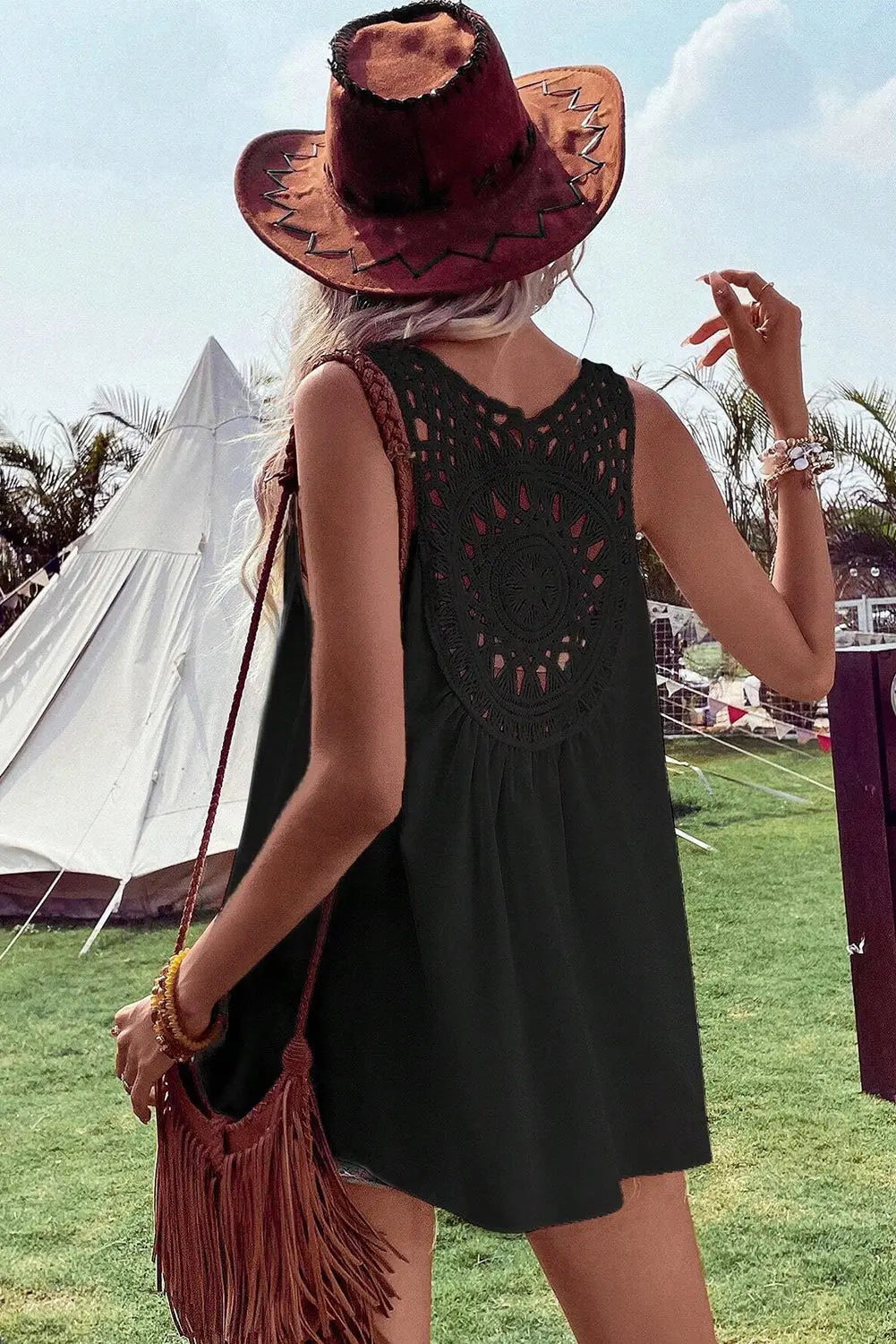 Black Bohemian Crochet Patchwork Sleeveless Tunic Markonline