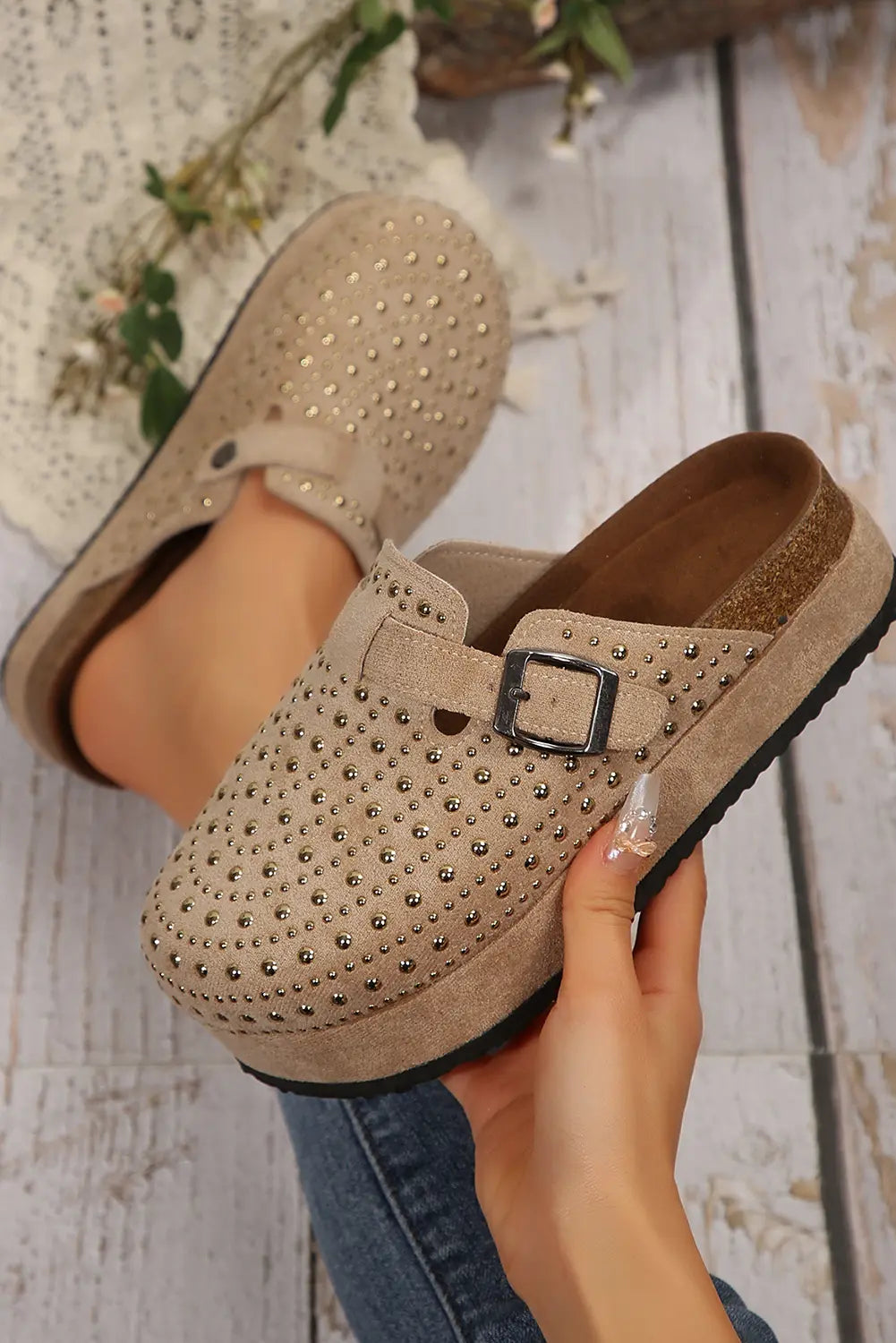 Parchment Rivet Buckle Closed Toe Platform Slippers Markonline