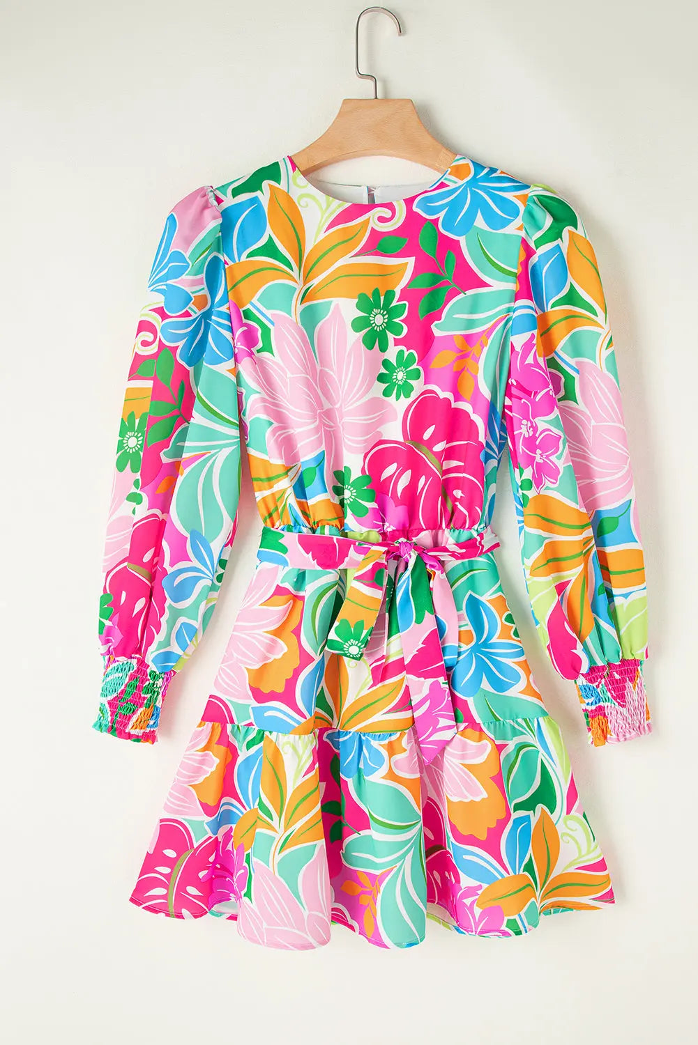 Green Multicolor Botanical Bubble Sleeve Mini Dress Markonline