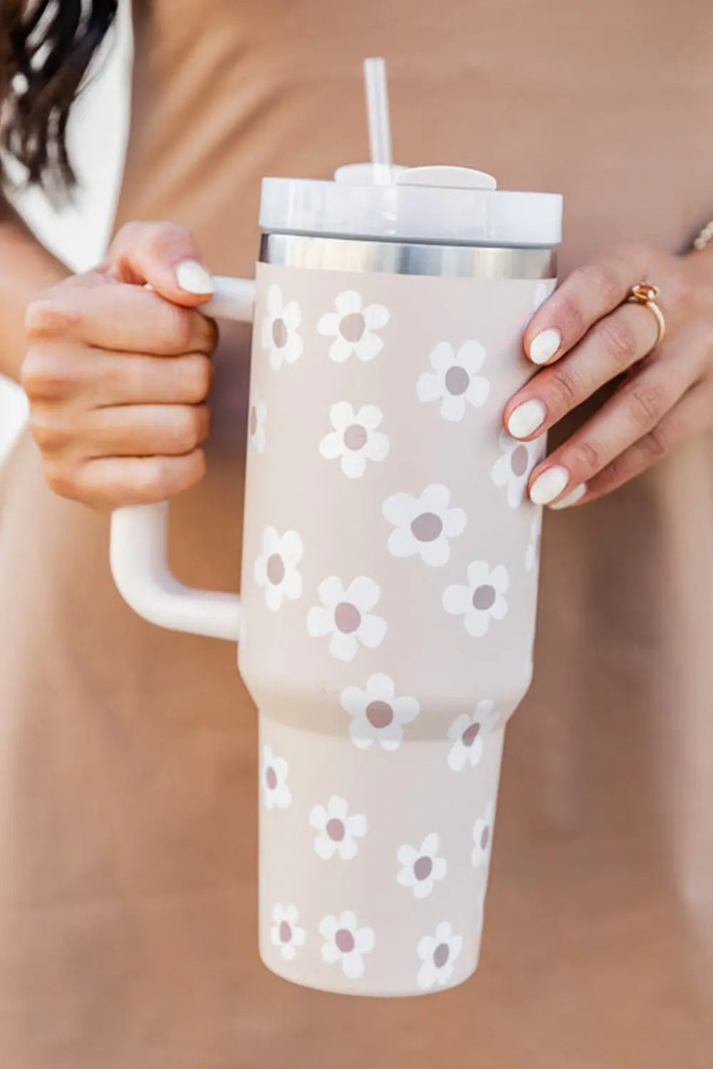 Parchment Floret Print Stainless Tumbler With Lid And Straw 40oz Dear-Lover Dropshipping