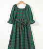 Green Tartan Plaid Square Neck Puff Sleeve Knot Waist Flared Midi Dress Markonline