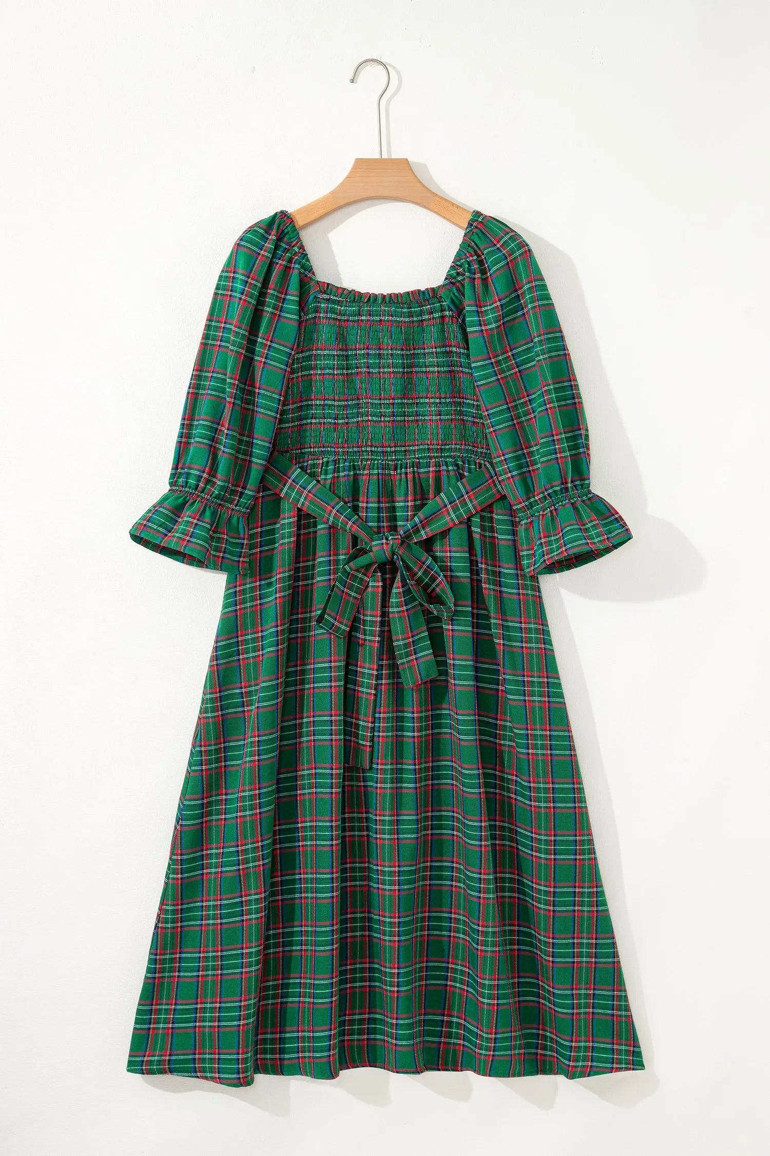 Green Tartan Plaid Square Neck Puff Sleeve Knot Waist Flared Midi Dress Markonline