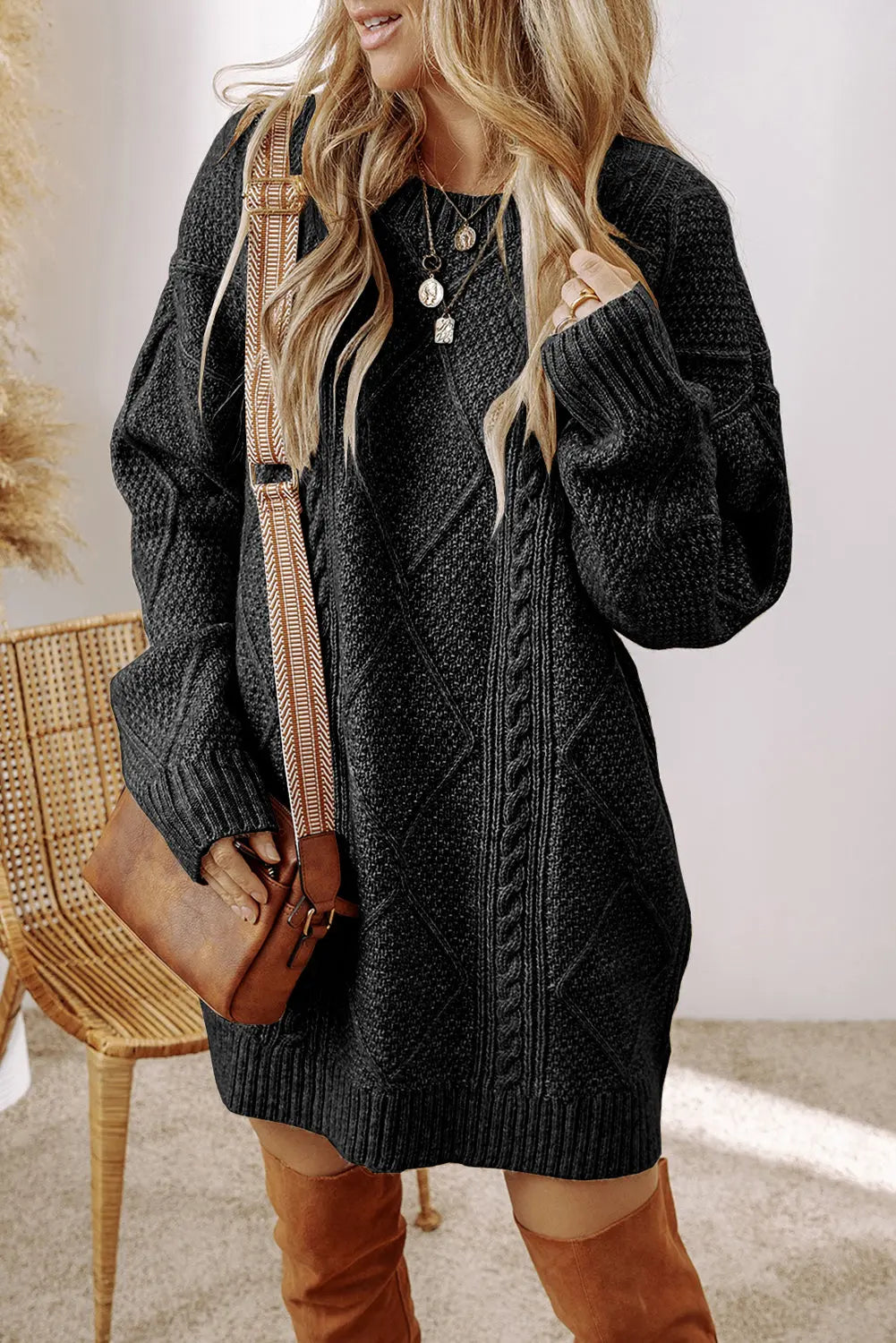 Black Cable Knit Drop Shoulder Loose Fit Sweater Dress Dear-Lover Dropshipping