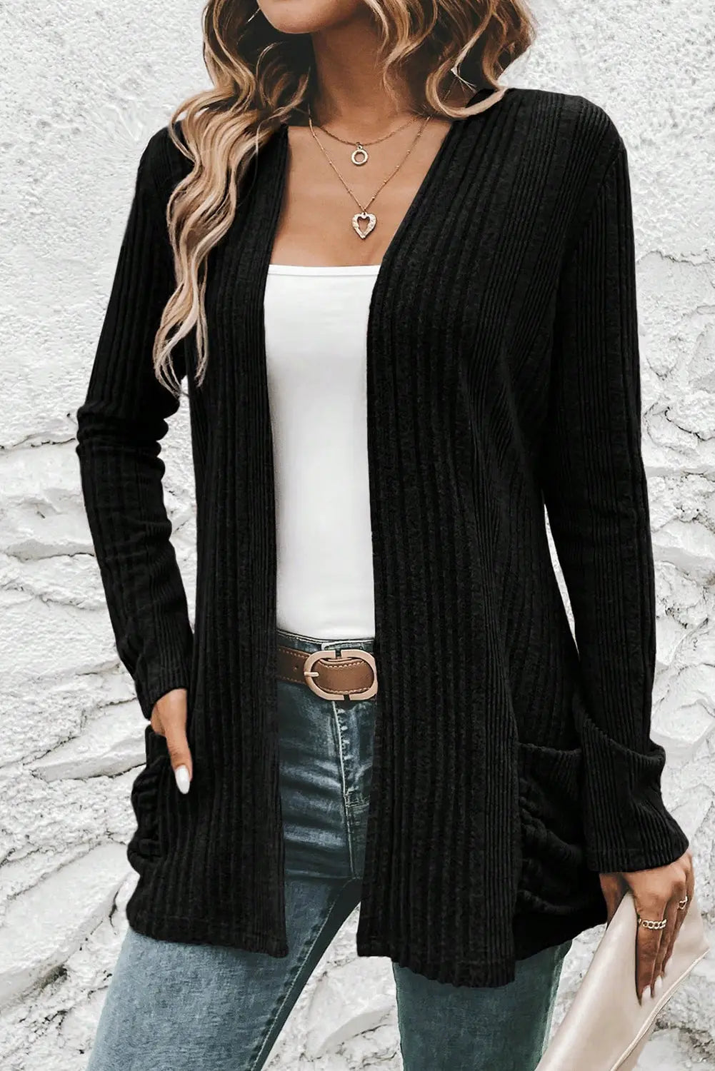 Black Ribbed Open Front Knitted Top with Pockets Dear-Lover Dropshipping