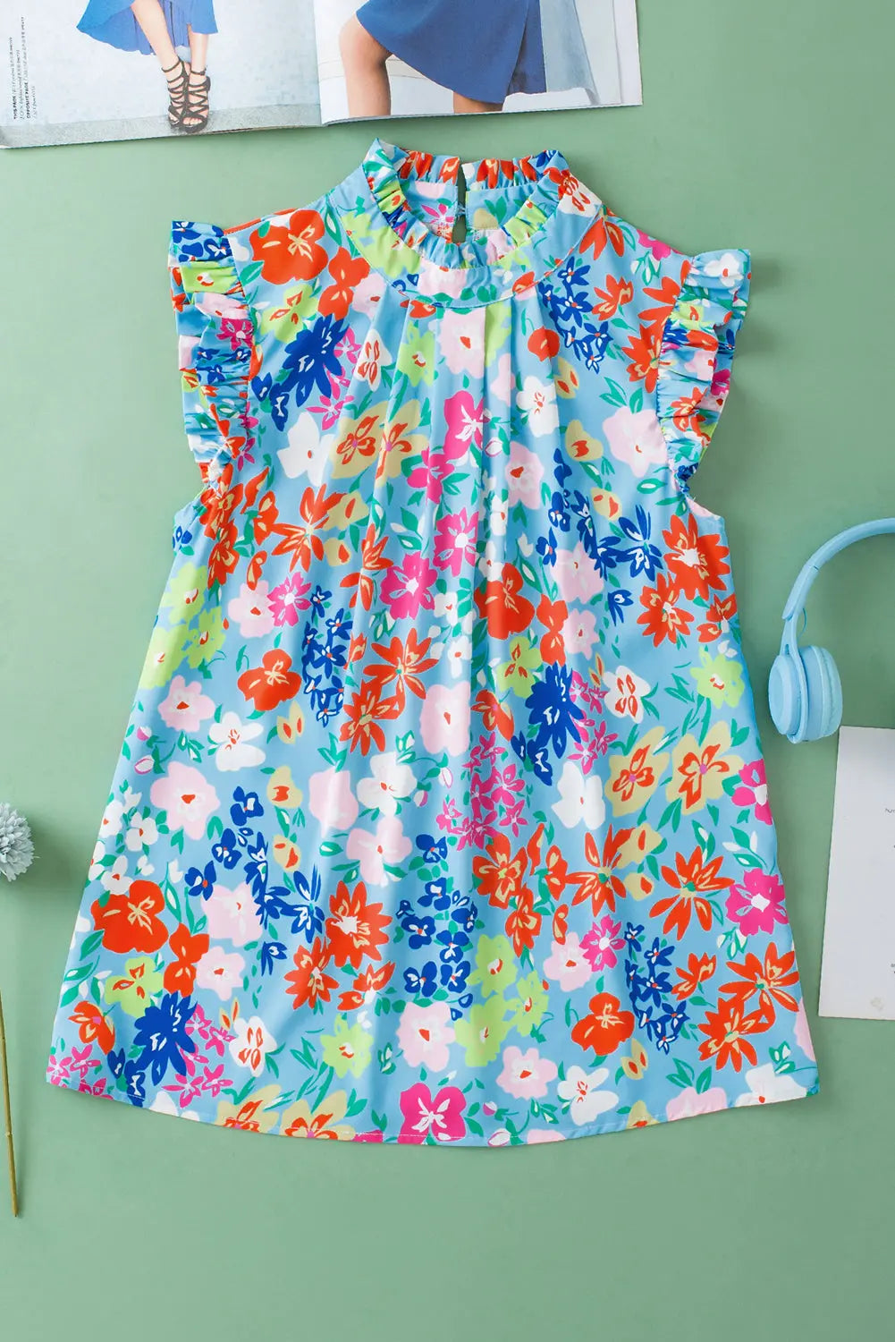 Sky Blue Frilled Collar Floral Vest Dear-Lover Dropshipping