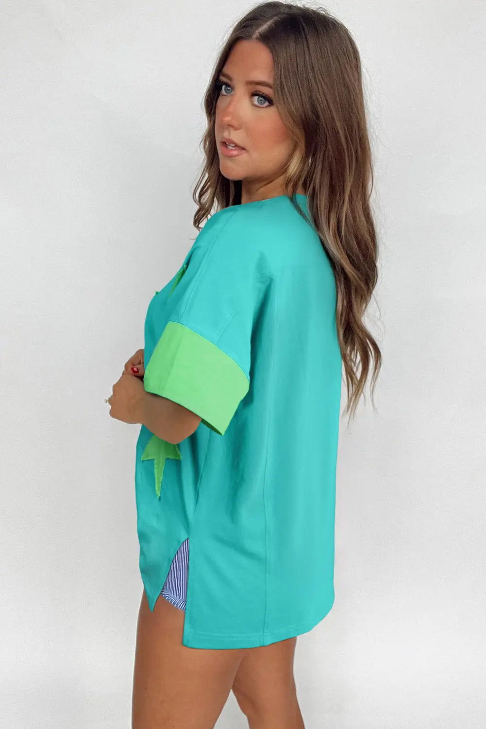 Aruba Blue Frayed Denim Star Patched Oversize T Shirt Markonline