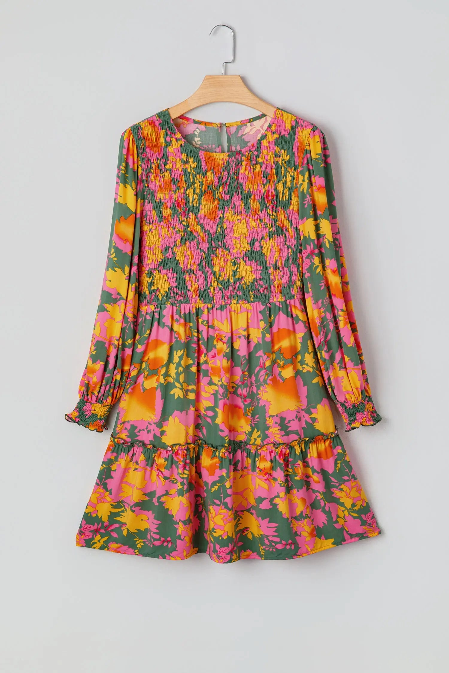 Multicolour Floral Print Long Sleeve Smocked Ruffled Mini Dress Markonline