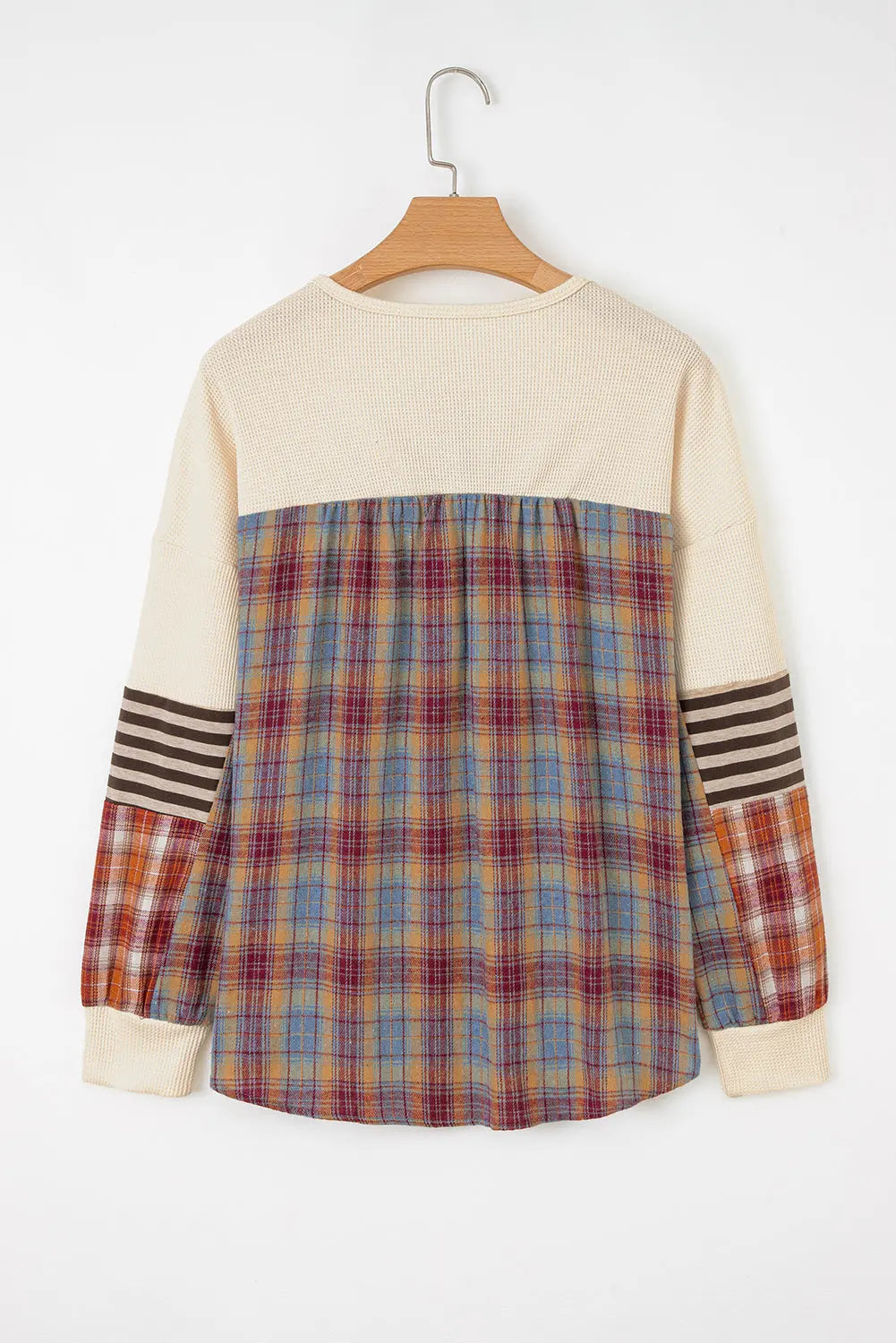 Beige Waffle Stripe Plaid Patchwork Henley Knit Top Markonline