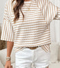 Apricot Stripe Textured Knit Split Hem Half Sleeve Loose Top Markonline