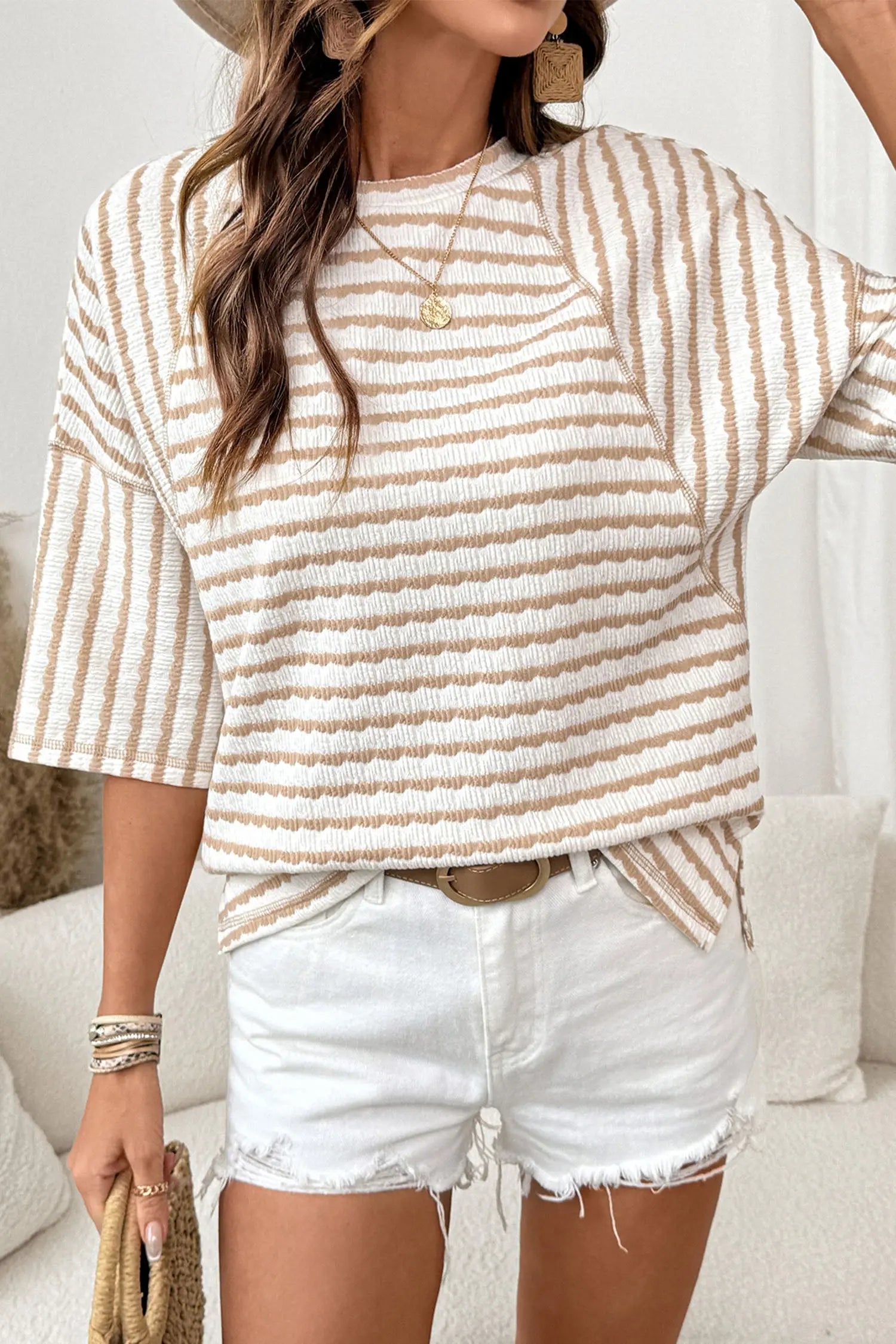 Apricot Stripe Textured Knit Split Hem Half Sleeve Loose Top