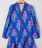 Sky Blue Floral Print Contrast Striped Trim Notched Neck Long Sleeve Dress Markonline