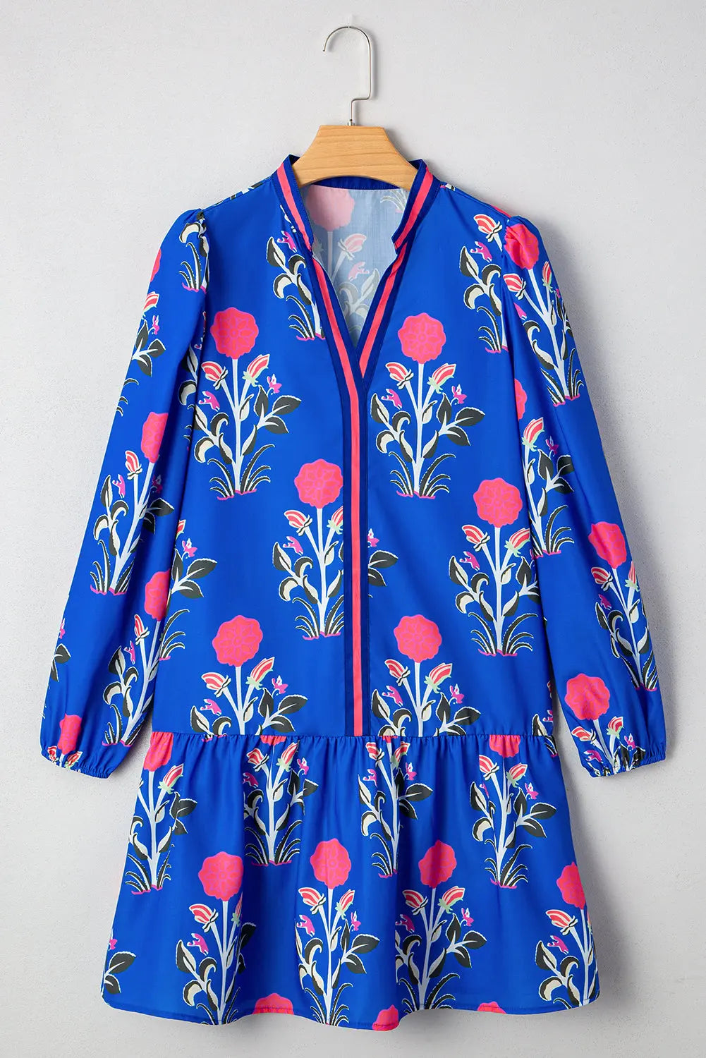 Sky Blue Floral Print Contrast Striped Trim Notched Neck Long Sleeve Dress Markonline