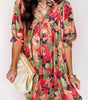 Green Floral Print Frilled Collar V Neck Half Sleeve Mini Dress Markonline