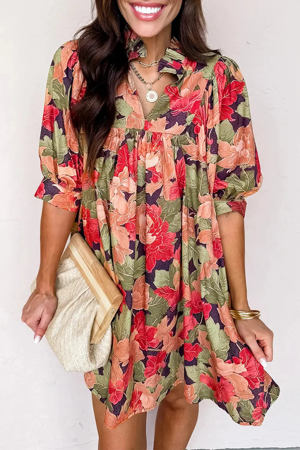 Green Floral Print Frilled Collar V Neck Half Sleeve Mini Dress Markonline