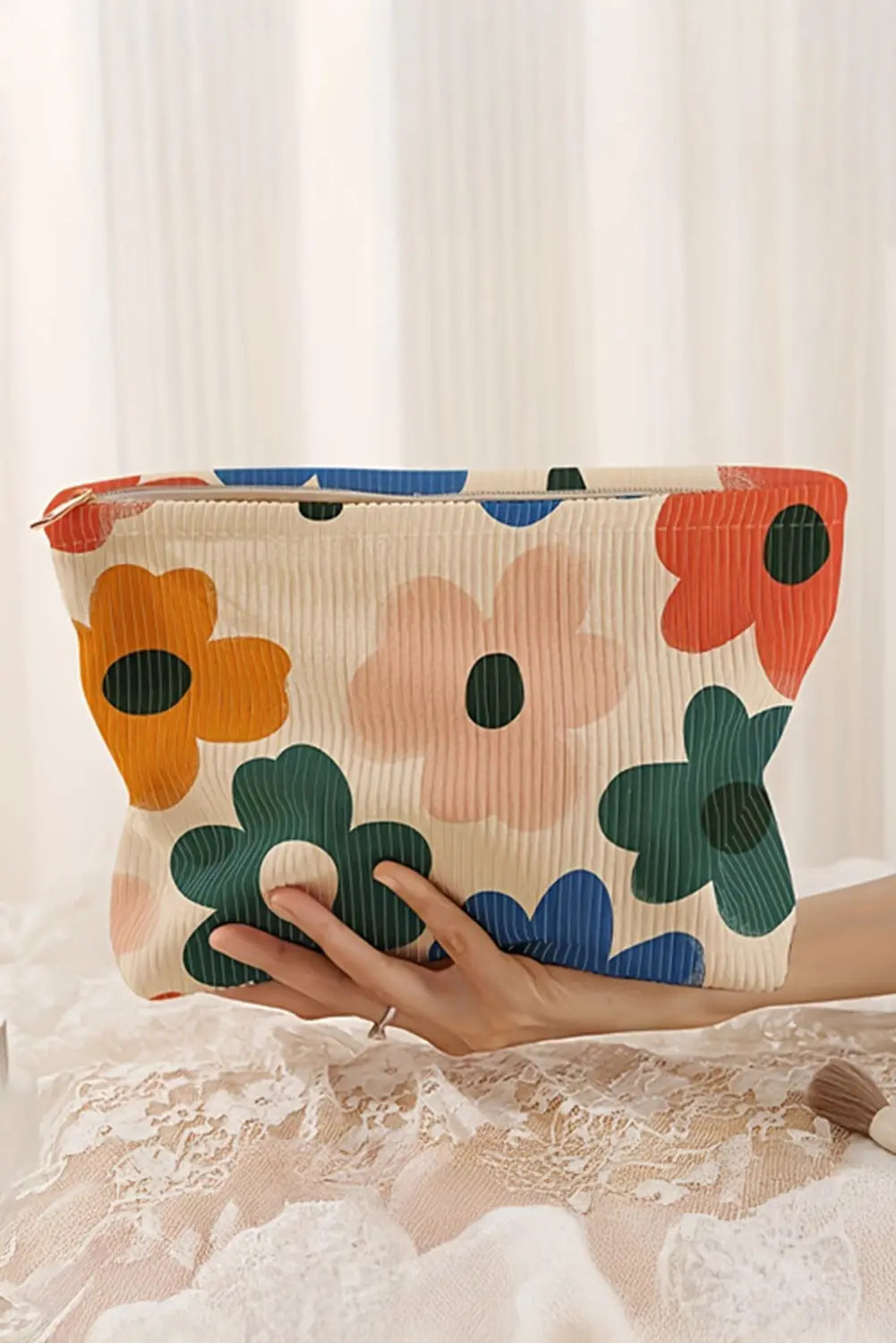 White Floral Print Corduroy Minimalist Storage Bag Markonline