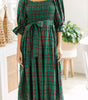 Green Tartan Plaid Square Neck Puff Sleeve Knot Waist Flared Midi Dress Markonline
