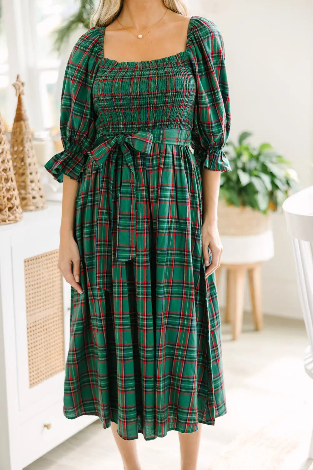 Green Tartan Plaid Square Neck Puff Sleeve Knot Waist Flared Midi Dress Markonline
