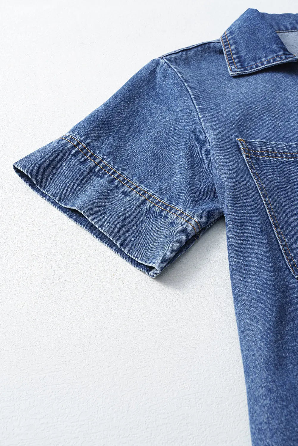 Blue Short Sleeve Collared Patched Pocket Denim Mini Dress Markonline