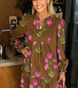 Brown Contrast Floral Print Babydoll Tunic Ruffled Hem Puff Sleeve Dress Markonline