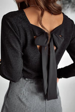 Black Metallic Bowknot Open Back V Neck Top Dear-Lover Dropshipping