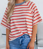 Tomato Red Stripe Print Contrast Collar Raglan Sleeve T Shirt Markonline