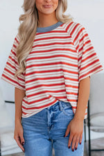 Tomato Red Stripe Print Contrast Collar Raglan Sleeve T Shirt Markonline