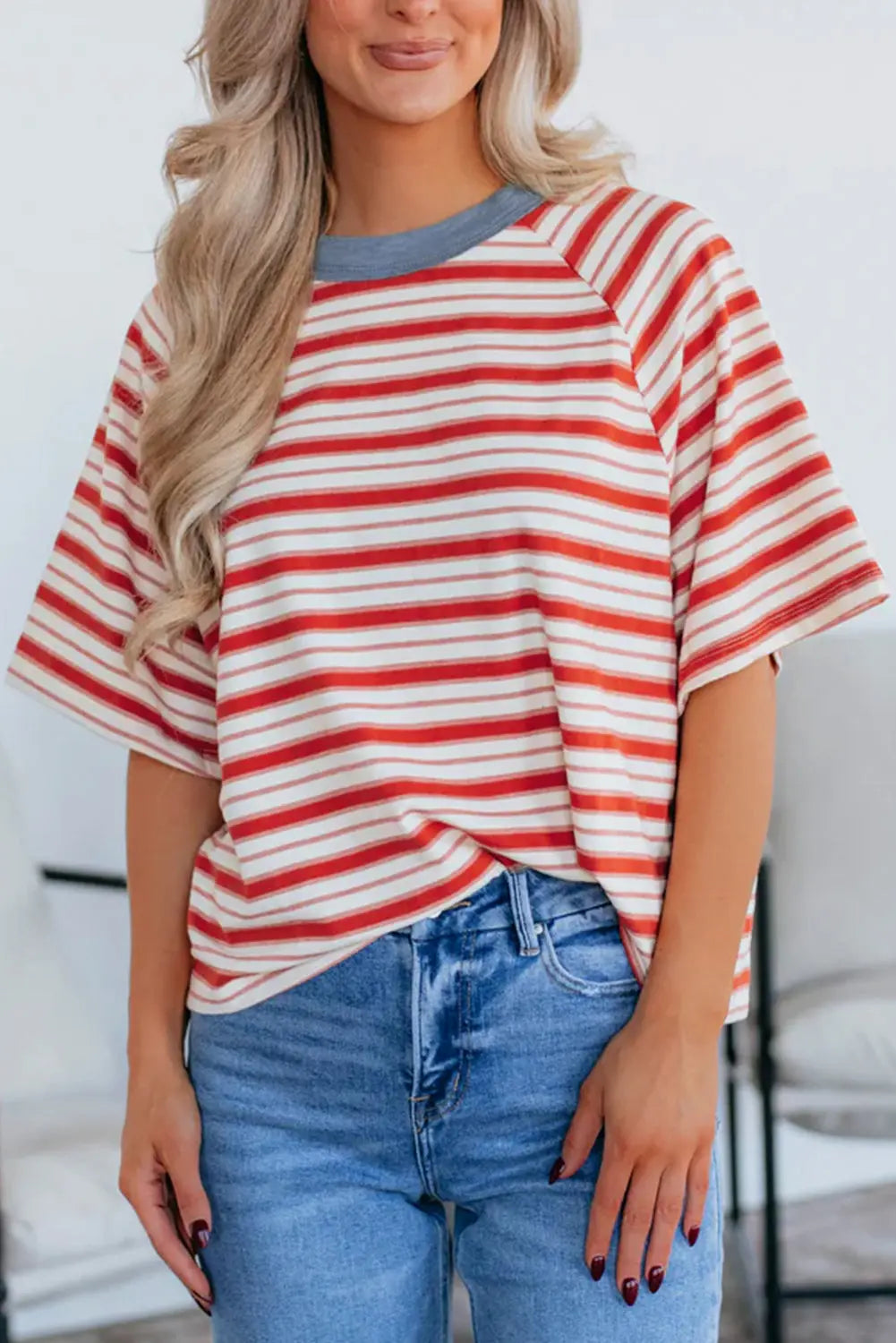 Tomato Red Stripe Print Contrast Collar Raglan Sleeve T Shirt Markonline