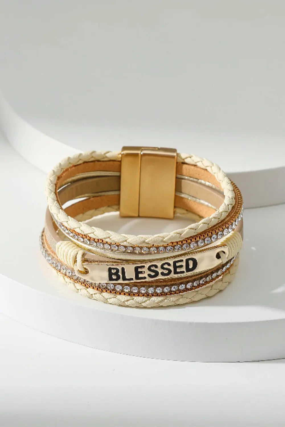 Beige BLESSED Rhinestone Braided Detail Buckle Bracelet Dear-Lover Dropshipping