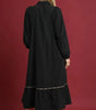 Black Collared V Neck Smocked Detail Contrast Leopard Trim Bracelet Sleeve Long Dress Markonline