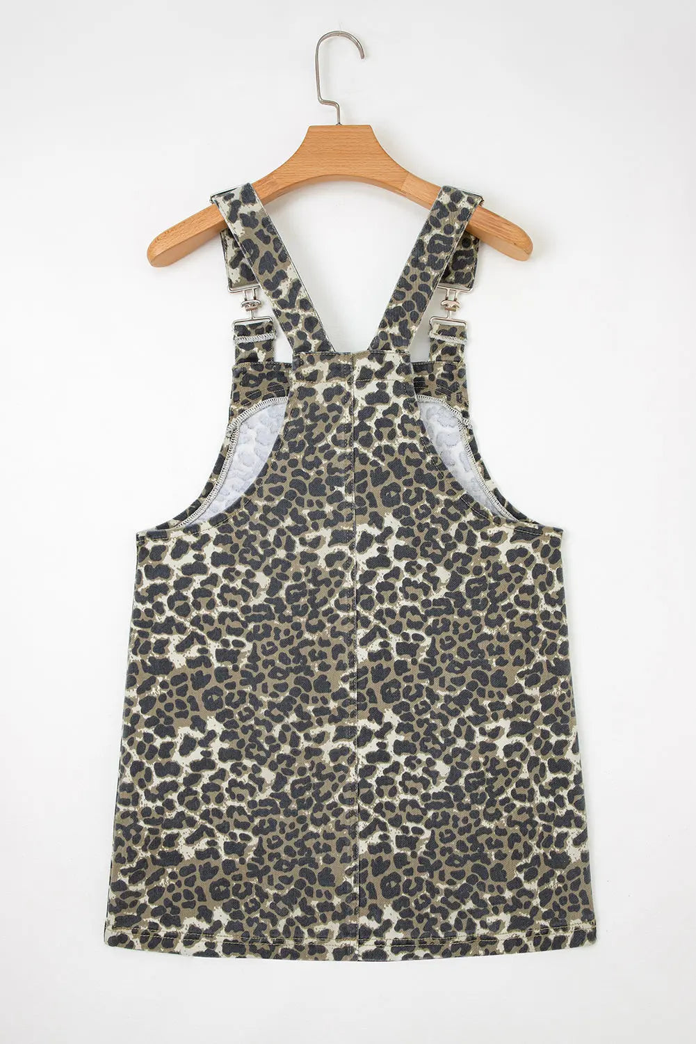 Gray Leopard Print Pocketed Loose Fit Denim Overall Dress Markonline