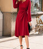 Fiery Red Solid Color Ruched Detail Long Sleeve Midi Dress Markonline