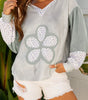 Green Floral Patched Waffle Textured Colorblock V Neck Casual Hooded Top Markonline