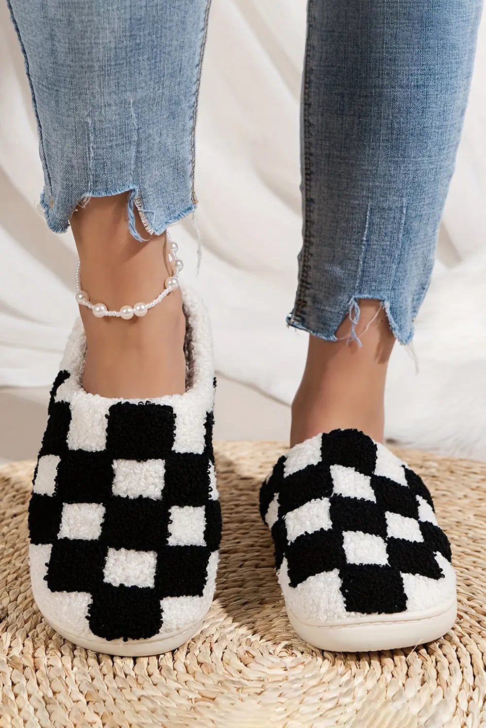 Black Checkered Print Fuzzy Slip On Winter Slippers Dear-Lover Dropshipping