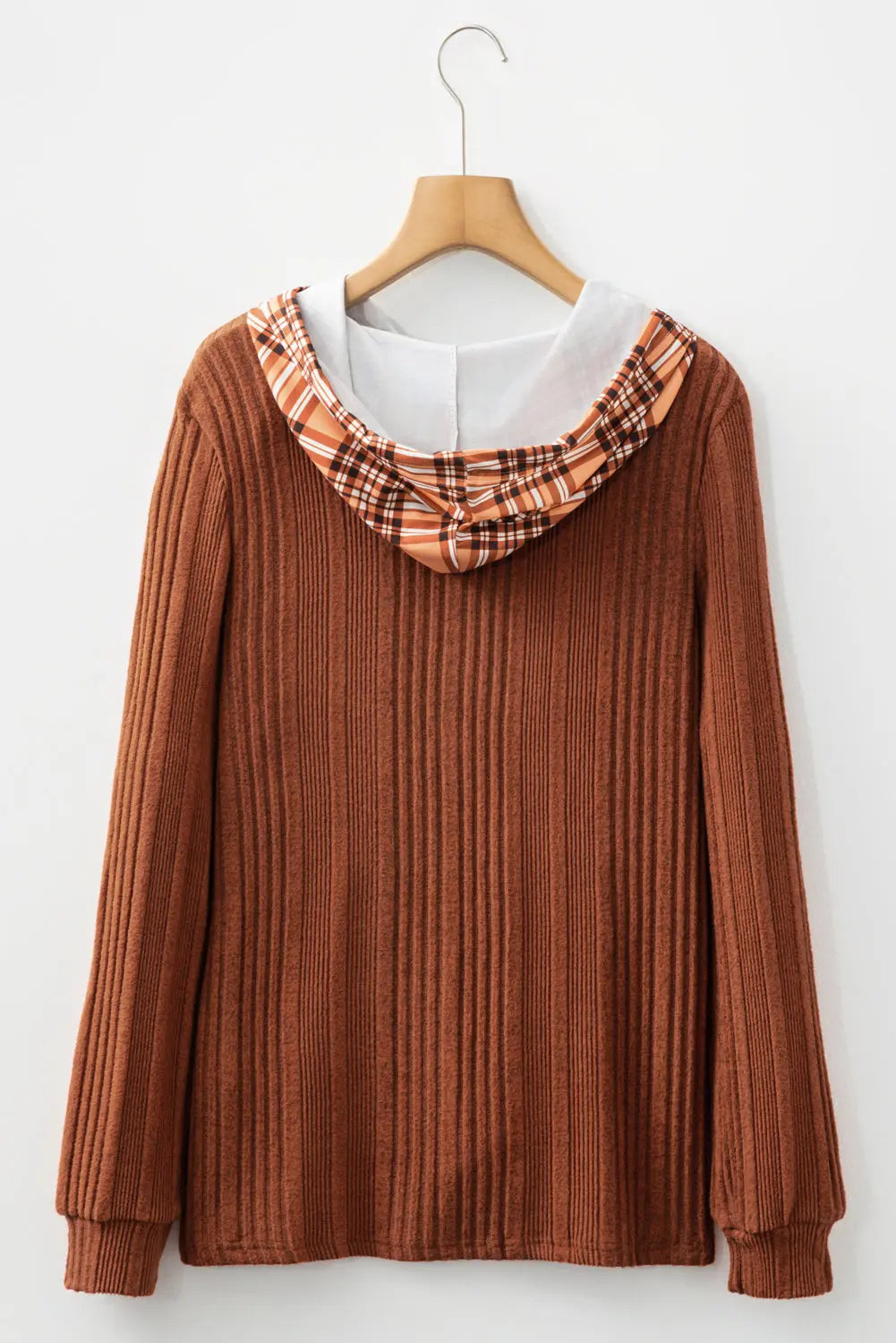 Chestnut Plaid Patchwork Ribbed Knit Drawstring Hooded Top Markonline