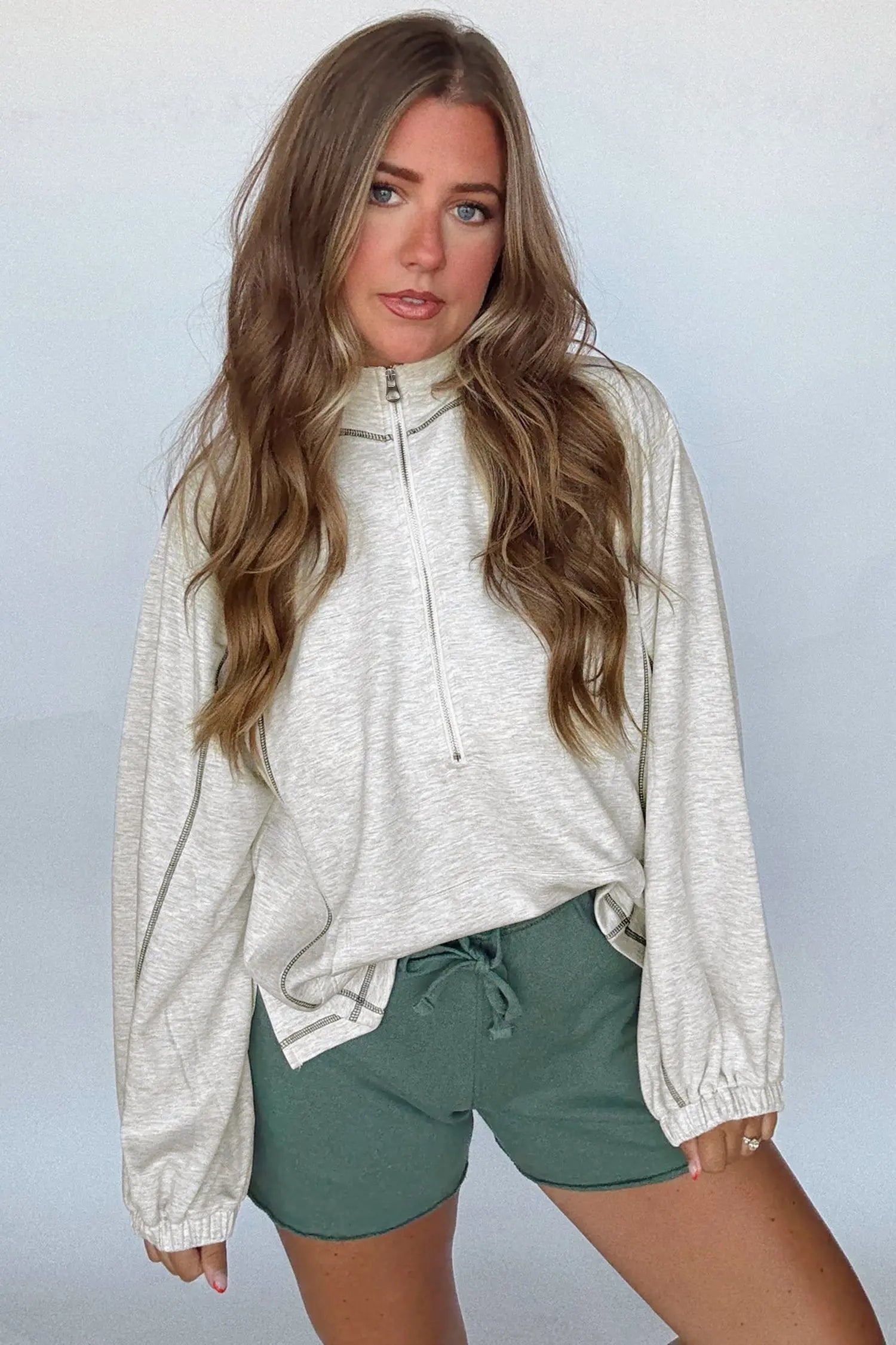 Light Grey Half Zip Stand Neck Seam Detail Long Sleeve Top Dear-Lover Dropshipping