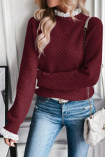 Burgundy Contrast Lace Frilled Trim Raglan Sleeve Sweater Dear-Lover Dropshipping